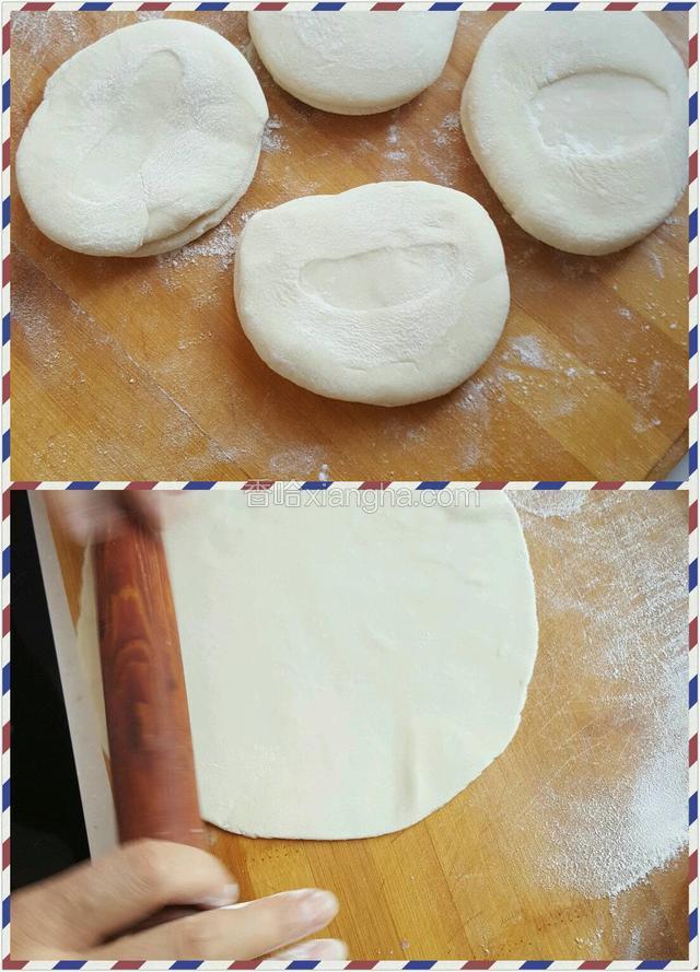 面分成50克左右一个的小剂子，擀成薄饼