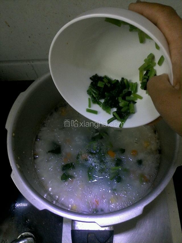 打开高压锅，再次开火，放入切好的菠菜，加入适量盐，搅拌均匀，关火。