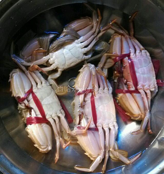 锅入清水，烧至45度左右关火，螃蟹放入其中，将其烫晕（一来蟹脚不会掉，二来也不怕被螃蟹的剪刀手弄伤）