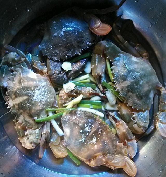 葱洗净切段、姜蒜切片和味精盐放入其中；加入可淹没螃蟹一半的清水，盖上盖子大火烧开，转中火煮5分钟