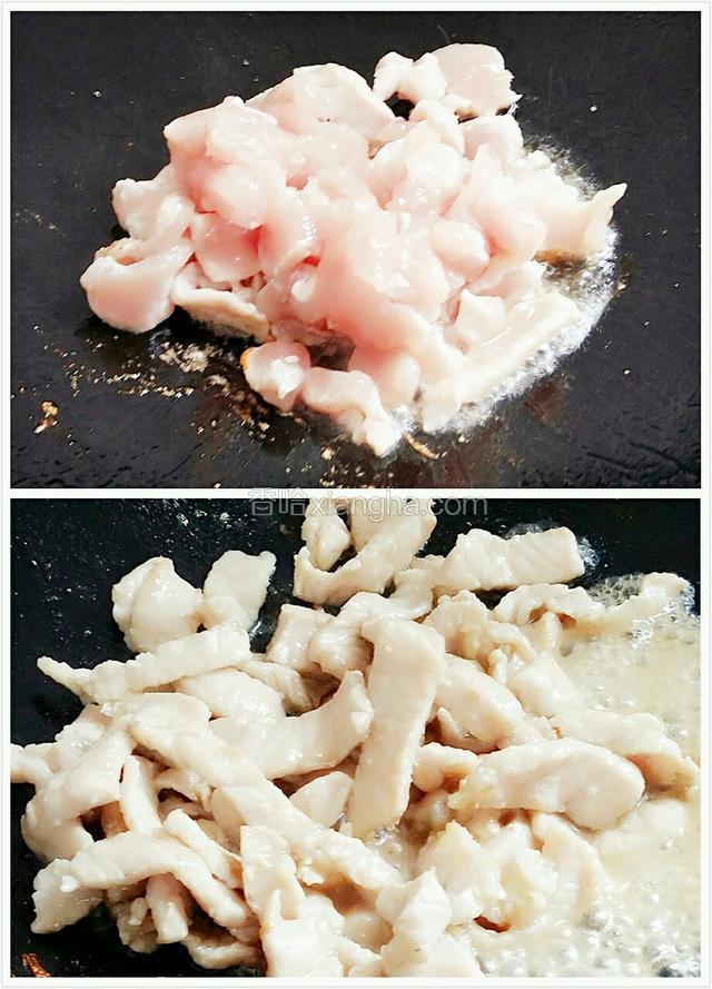 锅里面重新倒适量花生油，油五成热，放瘦肉进去。翻炒肉变色，滴少许酱油。略炒下。