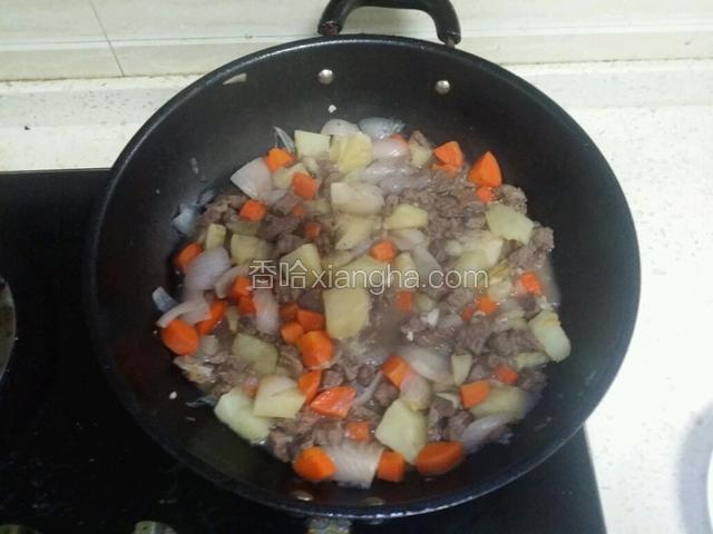 听说最好用黄油，我只有食用油，凑合用了，油热加蒜瓣炒香，然后加入牛肉，炒到全部变色，然后加洋葱，翻炒一会加胡萝卜，最后加土豆。