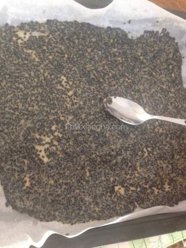 烤盘铺油纸（不粘烤盘也要铺）倒入一半面糊在油纸上，用勺子背面摊平。可两个烤盘同时烤，延长烘烤时间