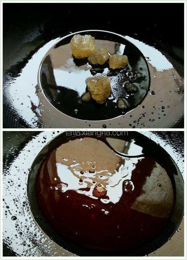 取炒锅下少许油，小火下冰糖炒化，炒至颜色呈深褐色、有细微泡泡冒出。