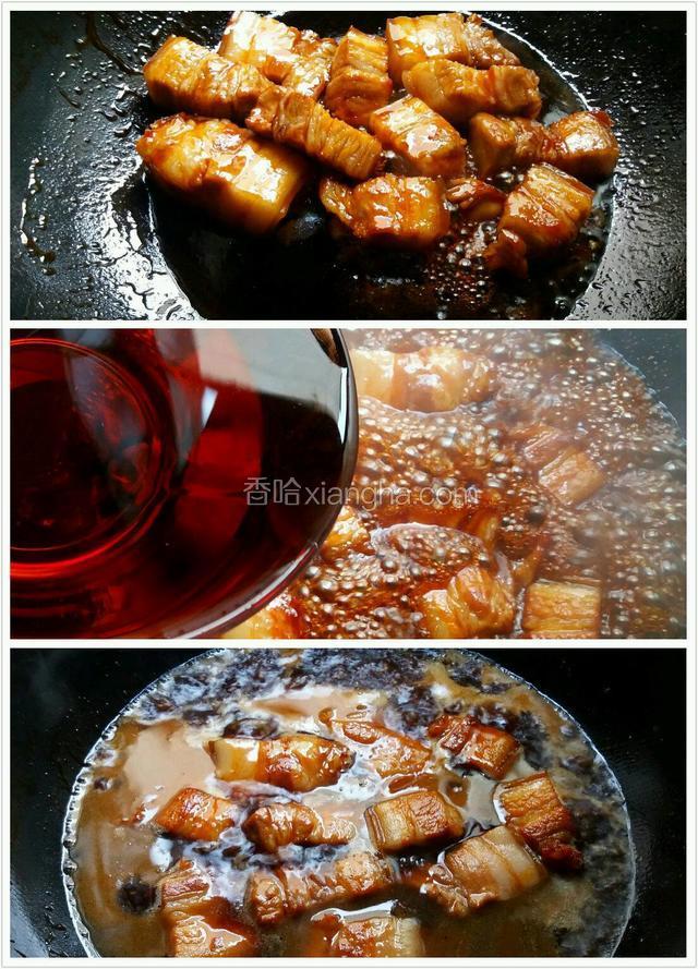 下焯好的五花肉翻炒，使每块肉周身都沾上糖色。然后加入生抽、花雕酒烧开。