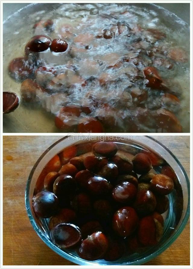水烧开，投入划口的板栗，大火煮五分钟，立即捞出投入凉水，冷水量要足，让板栗迅速冷却。然后把板栗捞入盛着冷水的大碗。
