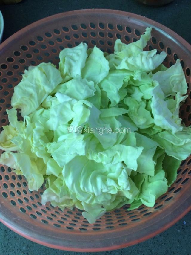首先将包菜洗净，去除老叶，用手撕成小块备用。