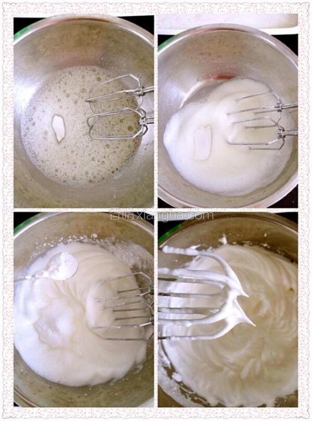 蛋清分三次加入砂糖打发，淀粉与最后一次的砂糖一同倒入，打发至干性发泡。 