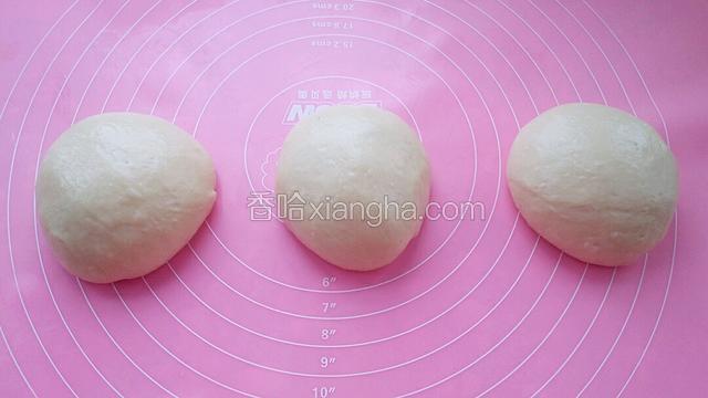 把面团揉匀排气分成均匀的三份，盖保鲜膜松弛20-30分钟，具体时间视温度而定。