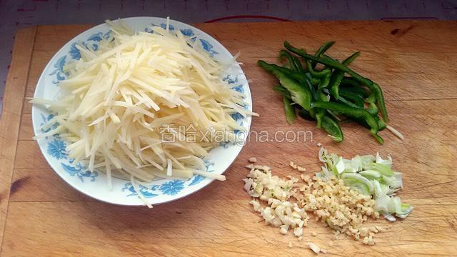 准备食材，土豆洗净去皮切成丝，用清水冲洗两遍备用，葱姜蒜切末，尖椒切丝