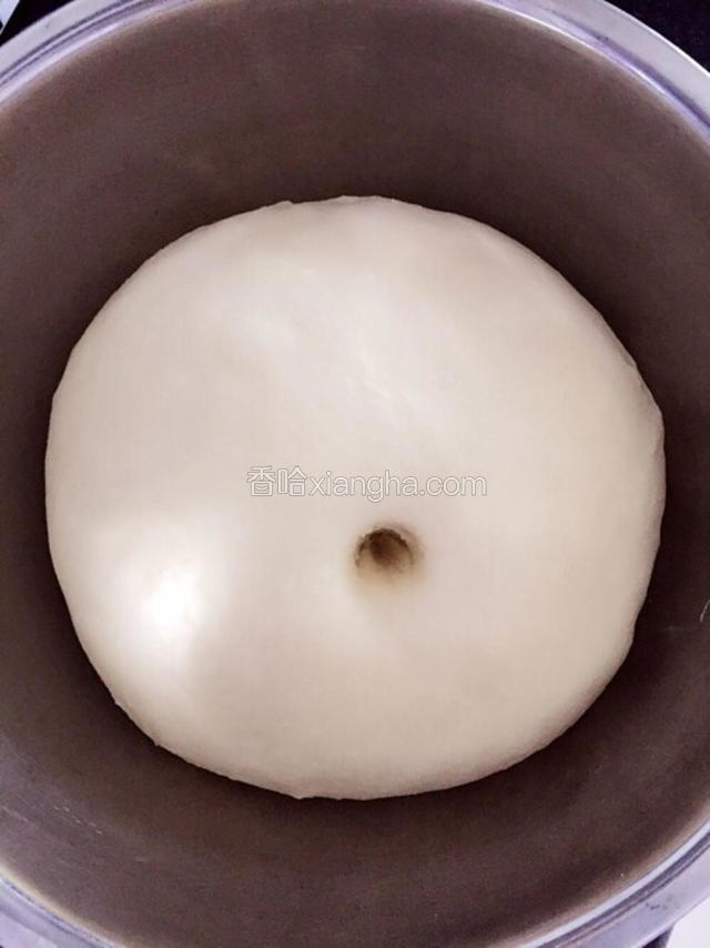 面团发酵至原来的两倍大，手指沾干粉戳洞不回缩；