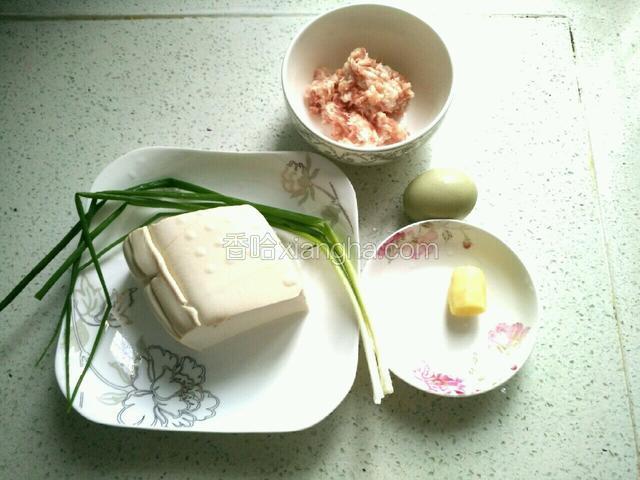 备好图中食材。肉馅提前剁好或绞好，豆腐洗净，姜葱洗净，鸡蛋一个。