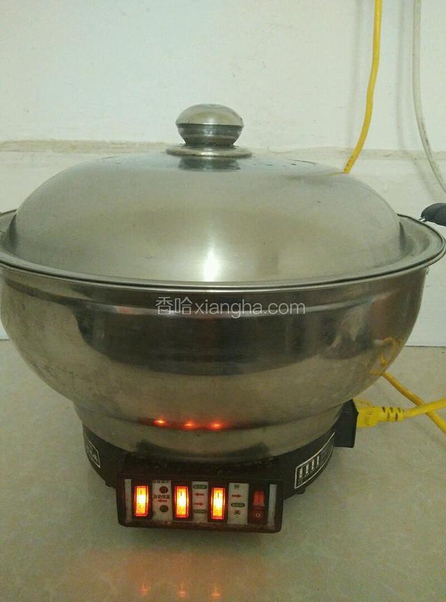 电热锅插好点，盖好锅盖，开中火炖煮半个小时！