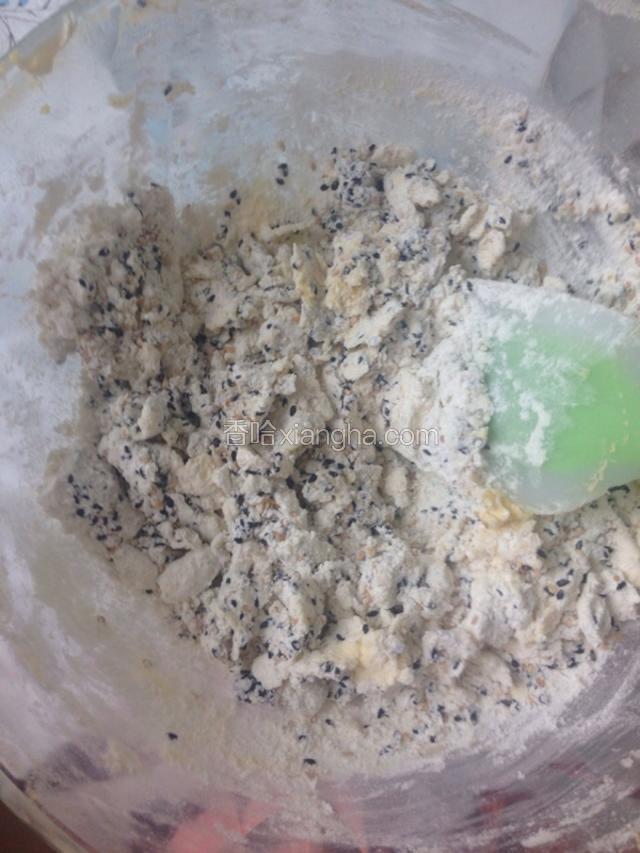 筛入低筋面粉，用刮刀翻拌均匀，揉成团。