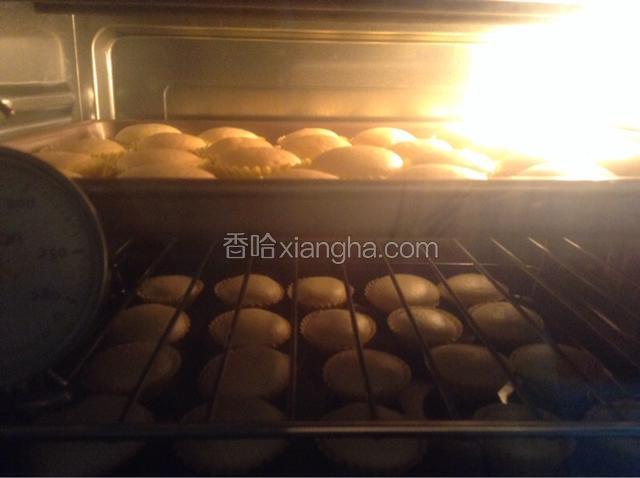 放入预热好的烤箱中，上下两层，上火130度，下火110度，烘烤40分钟