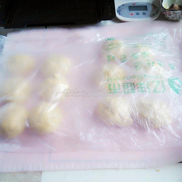 拿出来排气。分成大小均等的十二个面团。每个重量80克