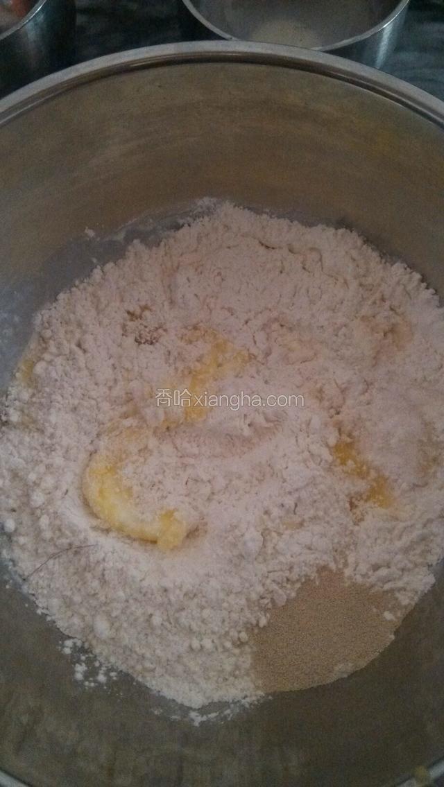 把除玉米油之外的全部材料混合一起和成面团