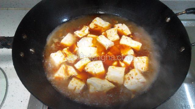 倒水适量，然后放豆腐一起煮。