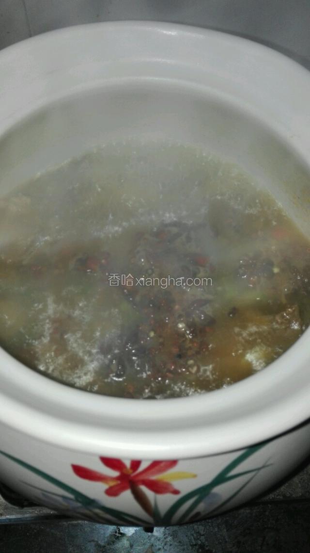 砂锅牛肉煮开后，放入剩余的八角与花椒，开小火进行煮约80分钟。