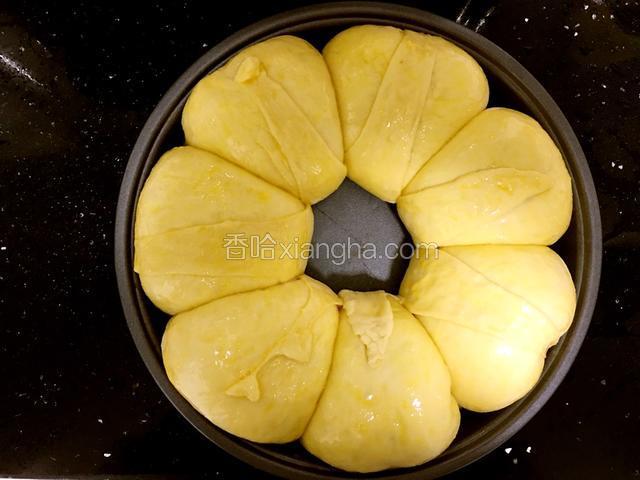 放入烤箱进行二发（我是烤箱里放入一盆热水，时间为30分钟），面包生胚比原来长大了。把生胚表面刷蛋液。
