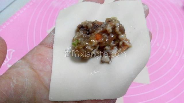 取馄饨皮，在中间放上馅料。