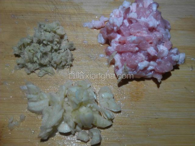猪肉剁成肉沫、姜、蒜、剁碎
