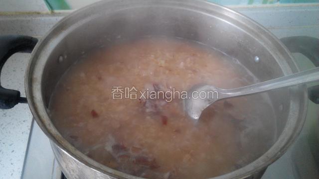 烧开后，小火熬制，捞出浮沫。不断地搅动，预防粘锅底，以防烧糊。