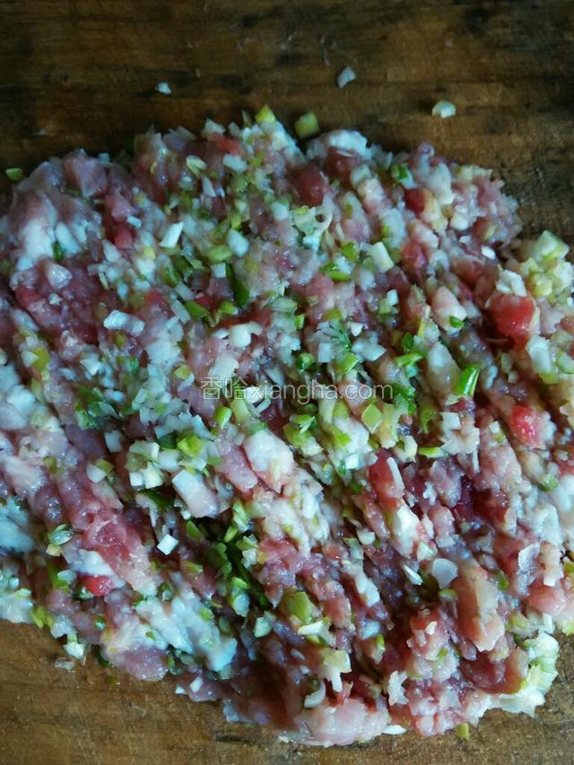葱花跟肉一起剁成泥状
