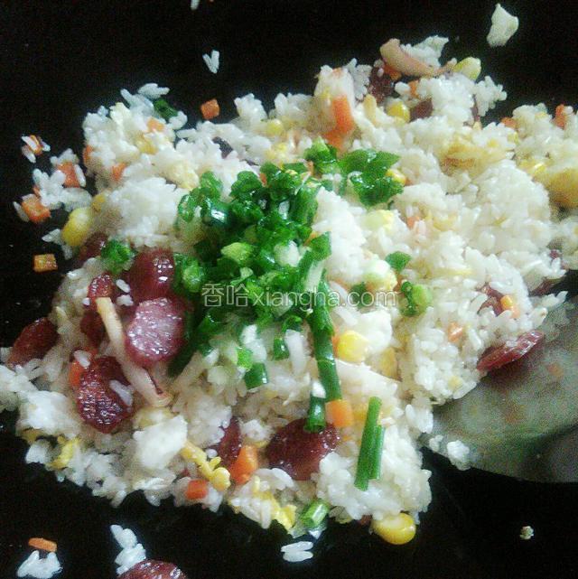 把饭和食材翻炒均匀，下葱花继续炒一下就可以了