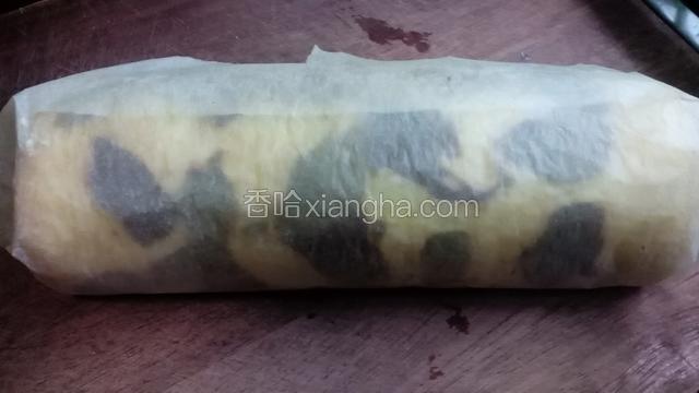 连着烘焙纸一起将蛋糕由下往上卷起，放冰箱冷藏定型
