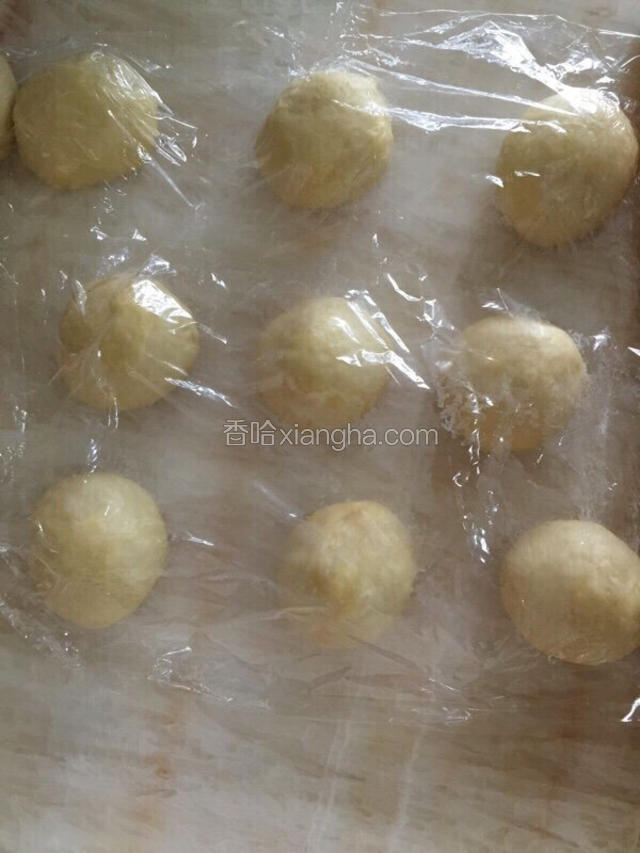 将面团取出排气 分成50g每个的小面团 盖上保鲜膜 醒发20分钟左右