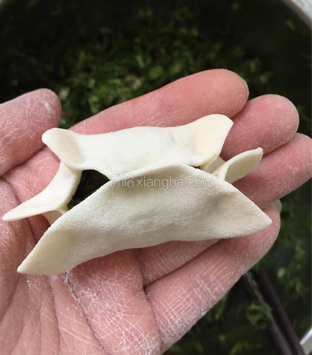 然后两边捏紧后再依次捏两个褶；