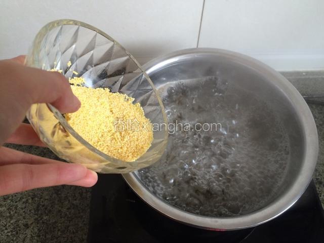 再入小米，大火煮沸后转小火煮15分钟左右。期间多次适当搅动；
