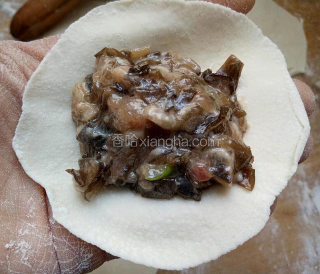 取一个饺子皮，在中央放适量馅料