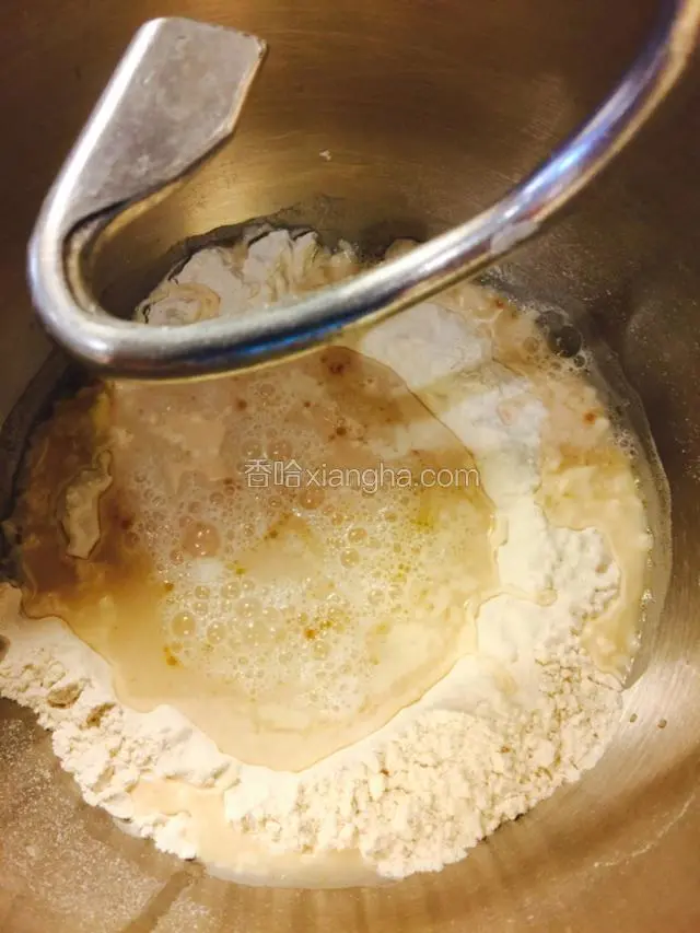 将所有材料混合搅拌均匀在和面机中开始和面