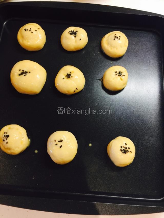 再次发孝40分钟后抹上鸡蛋液，撒上黑芝麻可以进烤箱了