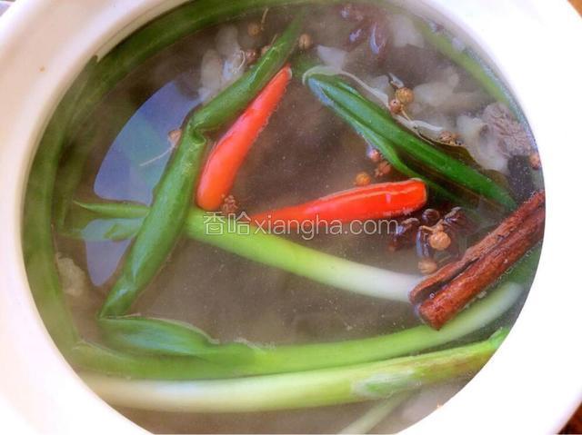 把牛肉和准备好的调料一同倒入沙锅中，在倒入2碗水。大火烧开转小火炖2个小时。