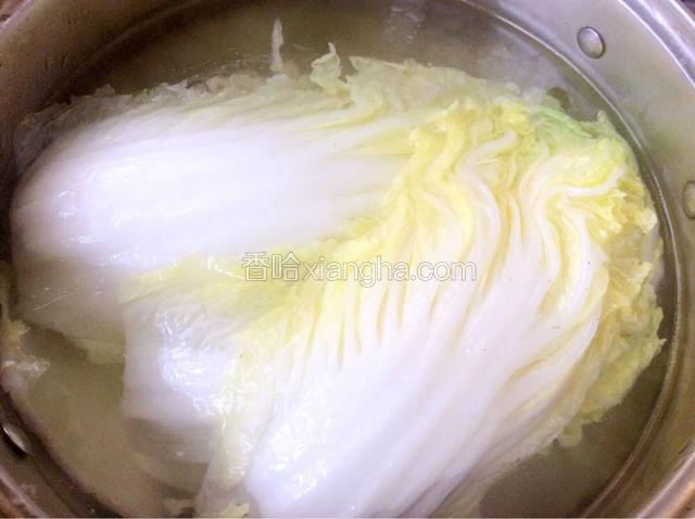 白菜帮冼净用开水焯一下，焯好后用凉水冲凉