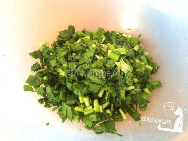 此时，把韭菜切成短断，然后加入适量的盐与香油，拌匀