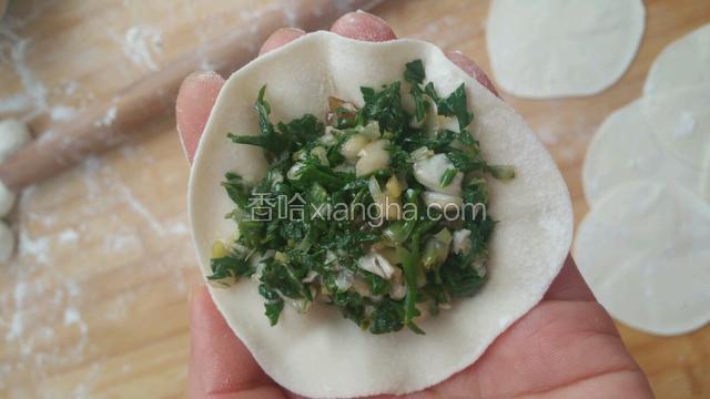取一张饺子皮放适当馅料，开始包饺子了。