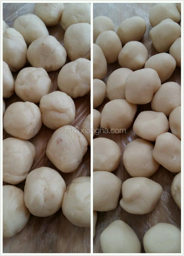 醒好的水油皮与酥皮分别分成10克与7克的小剂子（大概能分成30个左右）