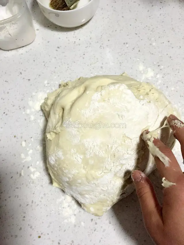 把发好的面取出来。继续揉面，要把里面的气泡赶出来。在揉面过程中可以听到排气的声音。在大理石上洒少量面粉以防粘连，但不可太多，毕竟我们要做的食物是需要发酵好的面团去做的。这是如果撒的干面粉太多就会影响后面食物的口感