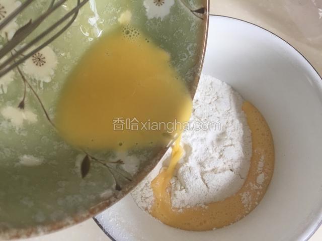 分次分量倒入面粉中调匀。