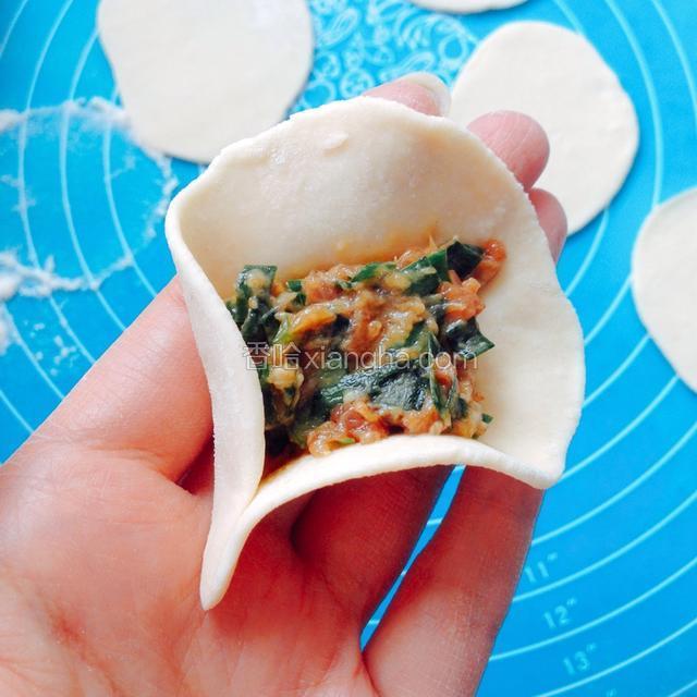 拿一张饺子皮，放入事先调好的肉馅，先捏住一角