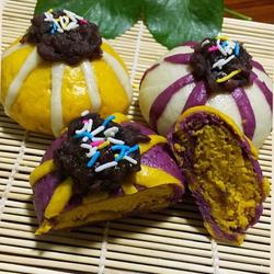 南瓜紫薯礼品豆沙包的做法[图]