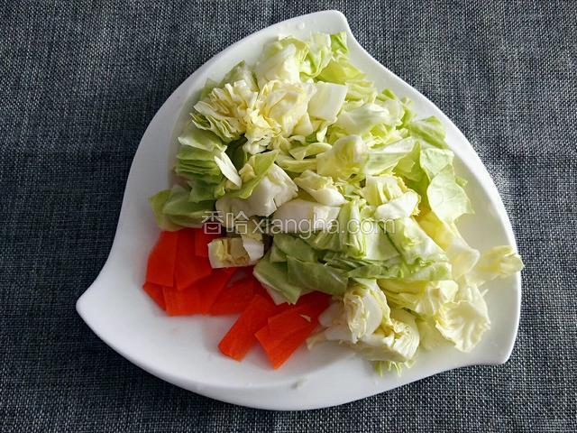 将胡萝卜和圆白菜洗净，圆白菜切块，胡萝卜切片。