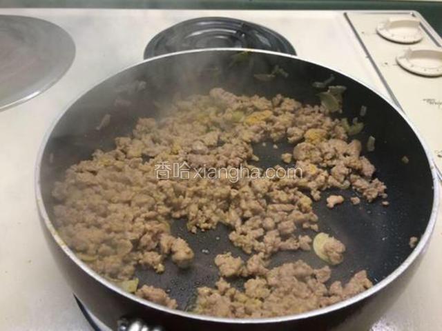 然后加入肉糜，加少鱼露、盐，炒至无血水；