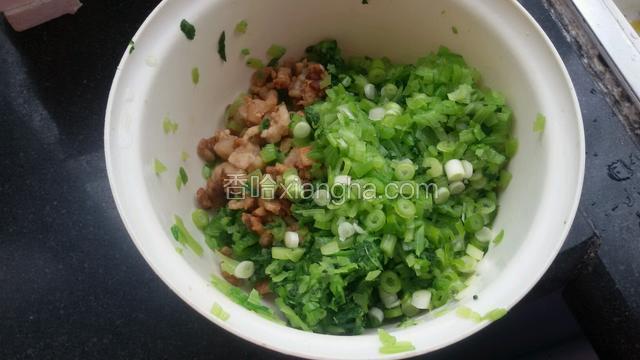 菠菜洗干净，用水焯一下，(焯的时候水里放点盐)，切碎，一点点肉。