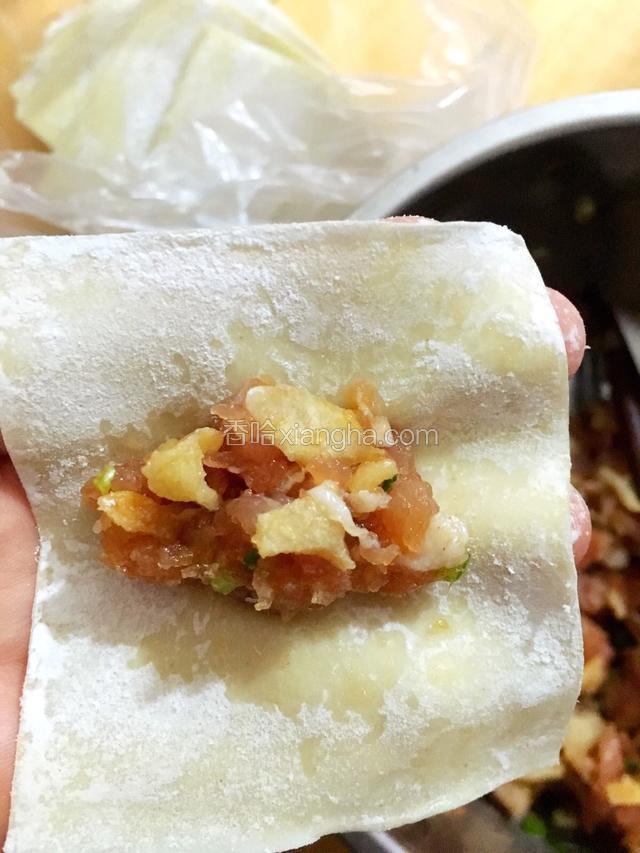 去少许肉放进馄饨皮中