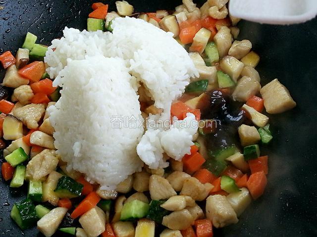 翻炒均匀后放入米饭，加适量盐、蚝油调味